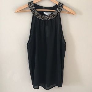 NWT Gunmetal silver beaded neck black top